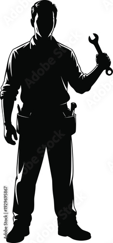 Silhouette flat vector illustration, of professional repairman with tools and traveler group with backpack and luggage on white background