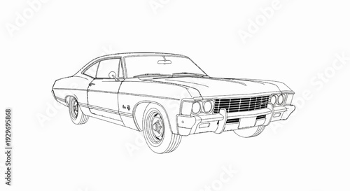 A vintage coupe, rendered in a sketch style, showcases classic automotive design