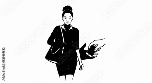 A woman in formal attire walks while a hand offers a smartphone for interaction