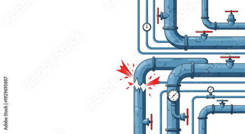 Network of blue industrial pipes with valves and gauges featuring a dramatic pipe burst and high pressure water splash.
