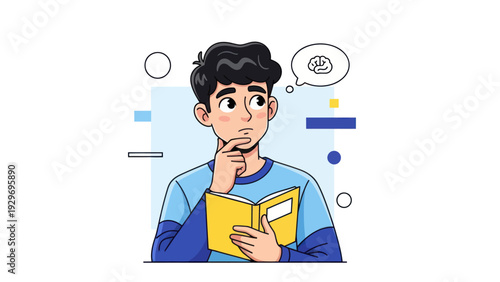 Young man thinking with book and thought bubble vector illustration