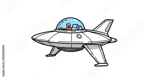 Futuristic white flying saucer spacecraft with a pilot visible through the clear glass cockpit dome isolated on white.