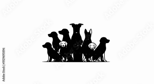 A stylized silhouette of nine dogs, varying in size and breed, stand together