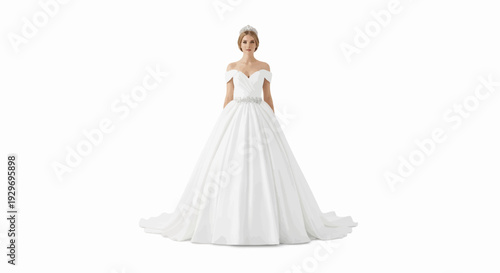 Bride with flowing white gown, tiara, and off-the-shoulder neckline