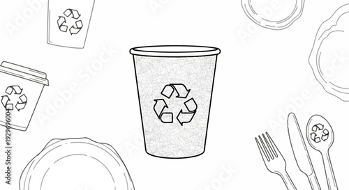 A sketched bin and cups with recycling symbols, surrounded by plates and cutlery