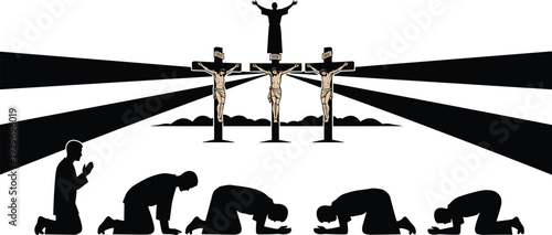 Christian crucifixion silhouette, Jesus cross artwork, worship prayer illustration, religious devotion vector, faith symbol graphic, church icon design, spiritual reverence art