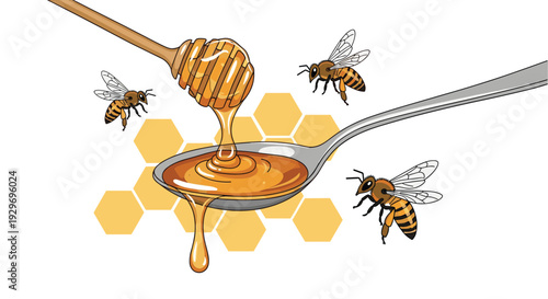 Natural golden honey dripping from a wooden dipper onto a silver spoon with bees and honeycomb on background.
