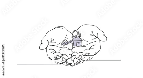 Elegant continuous line drawing of open hands holding a key with a small house-shaped keychain symbol.