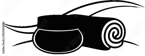 Stylized black and white abstract representation of a rolled mat and a container