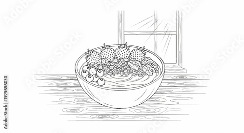 A drawing of a bowl of granola with strawberries and blueberries on a wooden surface near a window