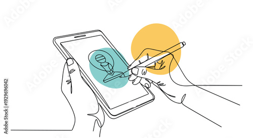 Minimalist continuous line art of hands using a digital stylus pen on a tablet screen with abstract colorful accents.