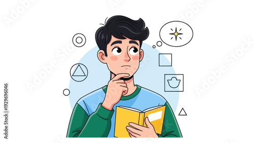 Young man thinking with book and thought bubbles vector illustration