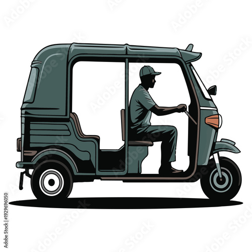 Retro rickshaw vehicle vector illustration featuring tuk tuk driver in silhouette profile view over transparent background perfect for transportation industry branding and travel design projects
