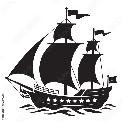 Classic black silhouette of tall sailing ship on ocean waves representing adventure and sea travel historic vessel graphic