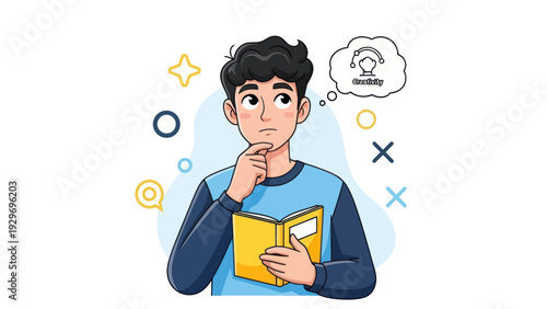 Young man thinking with book isolated on white copy space vector