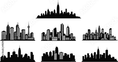 City skyline silhouette, urban landscape illustration, skyscraper tower design, architectural skyline artwork, metropolitan building vector, modern cityscape graphic, black silhouette art