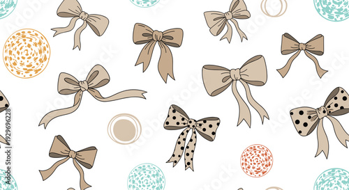 Elegant seamless pattern of feminine beige ribbon bows and abstract decorative circles on a plain white background.