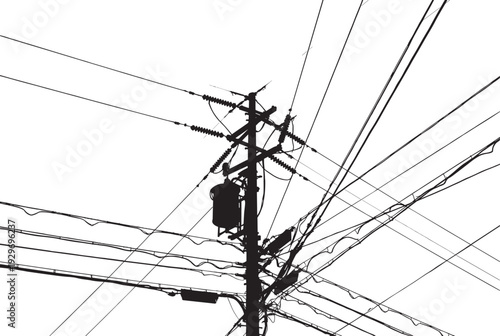 Silhouette of Electric Power Lines and Utility Pole with Transformer, High Voltage Transmission Cables, Industrial Energy Infrastructure Grid, Electrical Wire Vector Illustration Set