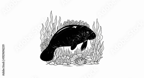 A black manatee swims among aquatic plants and corals in a clear water environment