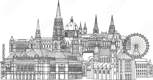 Elaborate line drawing of iconic city skyline with varied architectural styles and a Ferris wheel