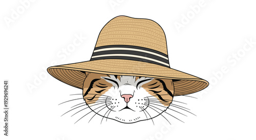 Funny illustration of a tabby cat face wearing a large wide brim straw sun hat with decorative black ribbon.