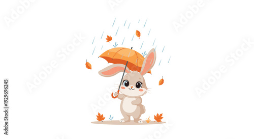 Adorable little brown bunny rabbit holding an orange umbrella in the autumn rain with colorful falling maple leaves.
