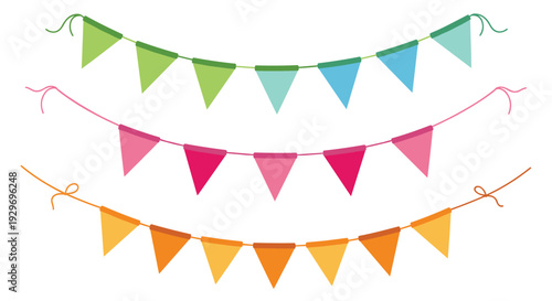 Set of three colorful triangular party bunting banners in green pink and orange hues for festive celebration events.
