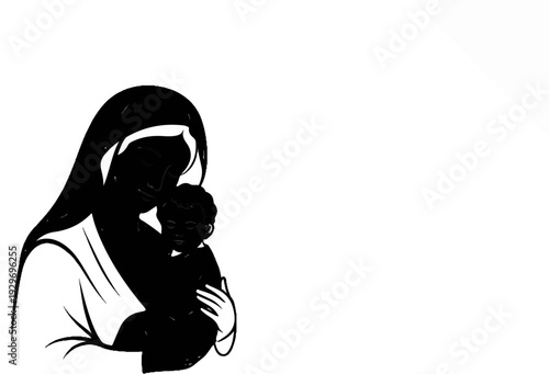 A mother cradles her child in a silhouette against a white background