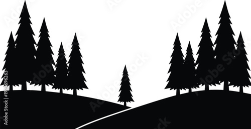 Pine Forest Silhouette Landscape with Evergreen Trees and Hills Vector Illustration Isolated on White Background Nature Scene