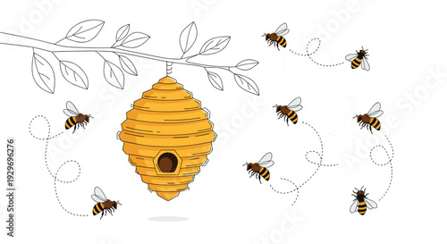 Natural yellow beehive hanging from a tree branch with many honeybees flying in dotted paths in the garden.