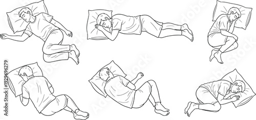 Sleeping Positions Collection Line Art Illustration of Man Resting in Different Poses with Pillow Isolated on White