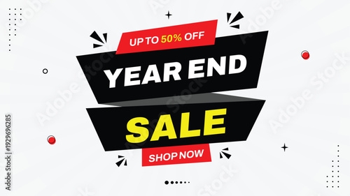Year-End Sale Banner Template – Up to 50% Off, Shop Now Promotion, Black Red White Gradient Background with Modern Geometric Element Shapes