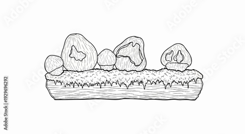 Detailed illustration of various fungi growing on a mossy log