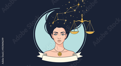 Libra zodiac sign concept with a beautiful woman having stars and constellations in her hair, holding scales in the background.