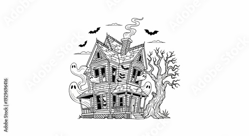 Spooky haunted house with ghosts and bats