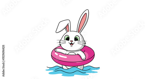 Adorable cartoon bunny rabbit floating in the water with a bright pink swim ring, smiling happily on a warm summer day.