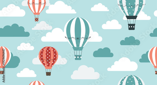Colorful seamless pattern of striped and dotted hot air balloons floating through a sky filled with fluffy white and grey clouds.