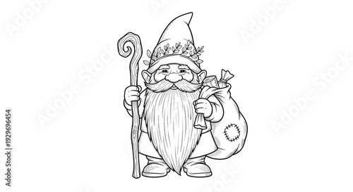 Detailed line art of a garden gnome with a long beard, a pointy hat, and a wooden staff carrying a sack over his shoulder.