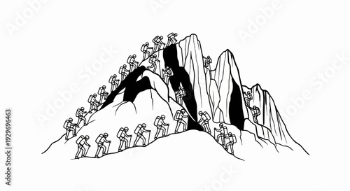 Stylized illustration of many hikers ascending a jagged mountain peak