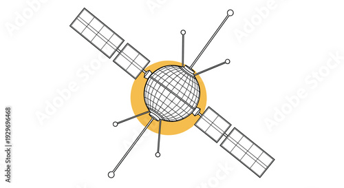 Space satellite icon with solar panels and antennas, drawn with black outlines and a yellow circular highlight in the background.