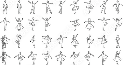 Ballet Dance Pose Collection Line Art Vector Set with Female and Male Dancers Isolated on White Background