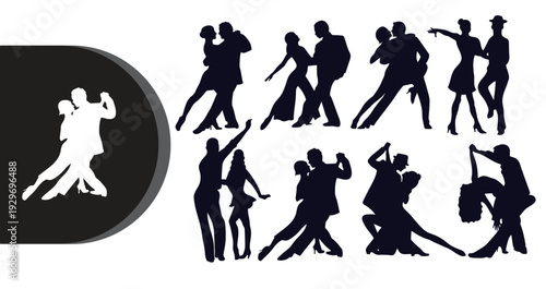 Couples dancing together in various dance styles silhouettes