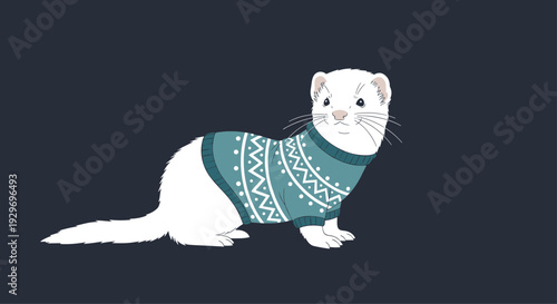 Portrait of a cute white ferret wearing a teal and white patterned winter sweater, set against a dark grey background.