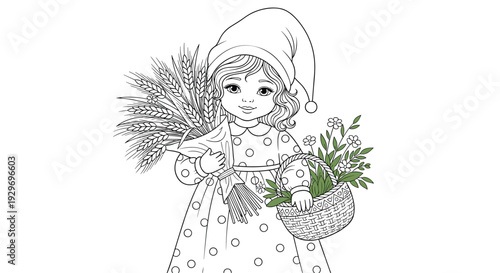 Adorable little girl character in a polka dot dress and floppy hat holding a bunch of wheat and a basket filled with green plants.