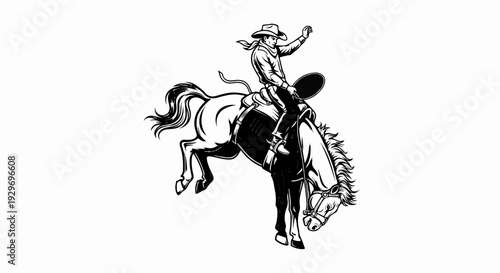 A black and white sketch of a cowboy on a bucking bronco