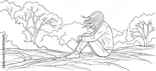 Solitary figure sitting on rocky ground amidst trees and foliage