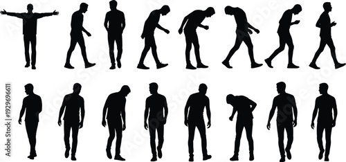 Walking Man Silhouette Collection with Various Poses and Natural Movements Human Figure Vector Illustration Isolated on White
