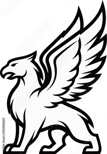 A mythical griffin creature with bird head, eagle wings, and lion body, depicted in black and white outline