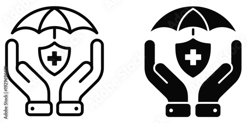 Medical insurance icon set, healthcare protection concept with umbrella sheltering a shield and cross symbol supported by two hands, representing health coverage, safety, and insurance services