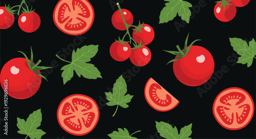 Seamless food pattern with whole red cherry tomatoes, fresh slices, and green leaves scattered over a solid black background.